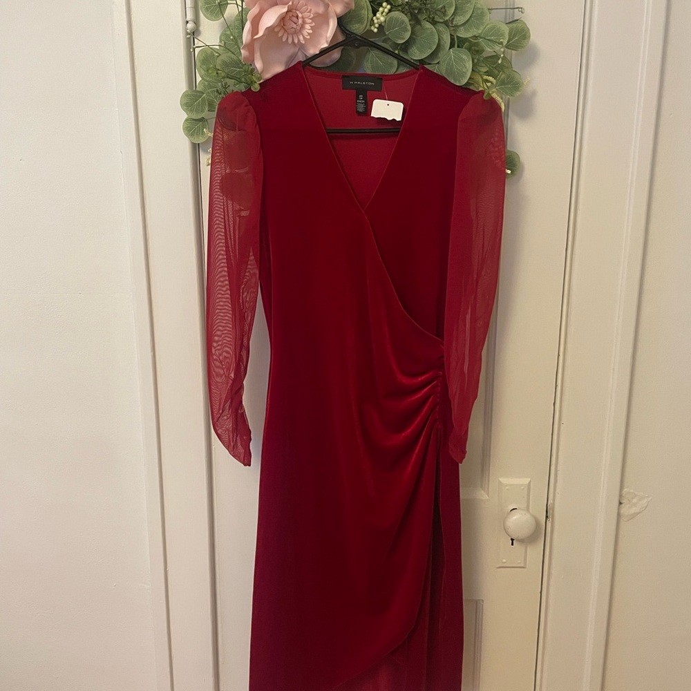 Halston Heritage Deep Red Long Sleeve Dress - XS